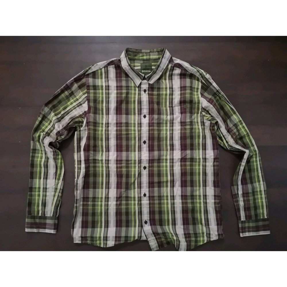 PrAna Breathe LS Button Down Shirt‎ Men Sz Lrg Green Plaid 100% Organic Cotton